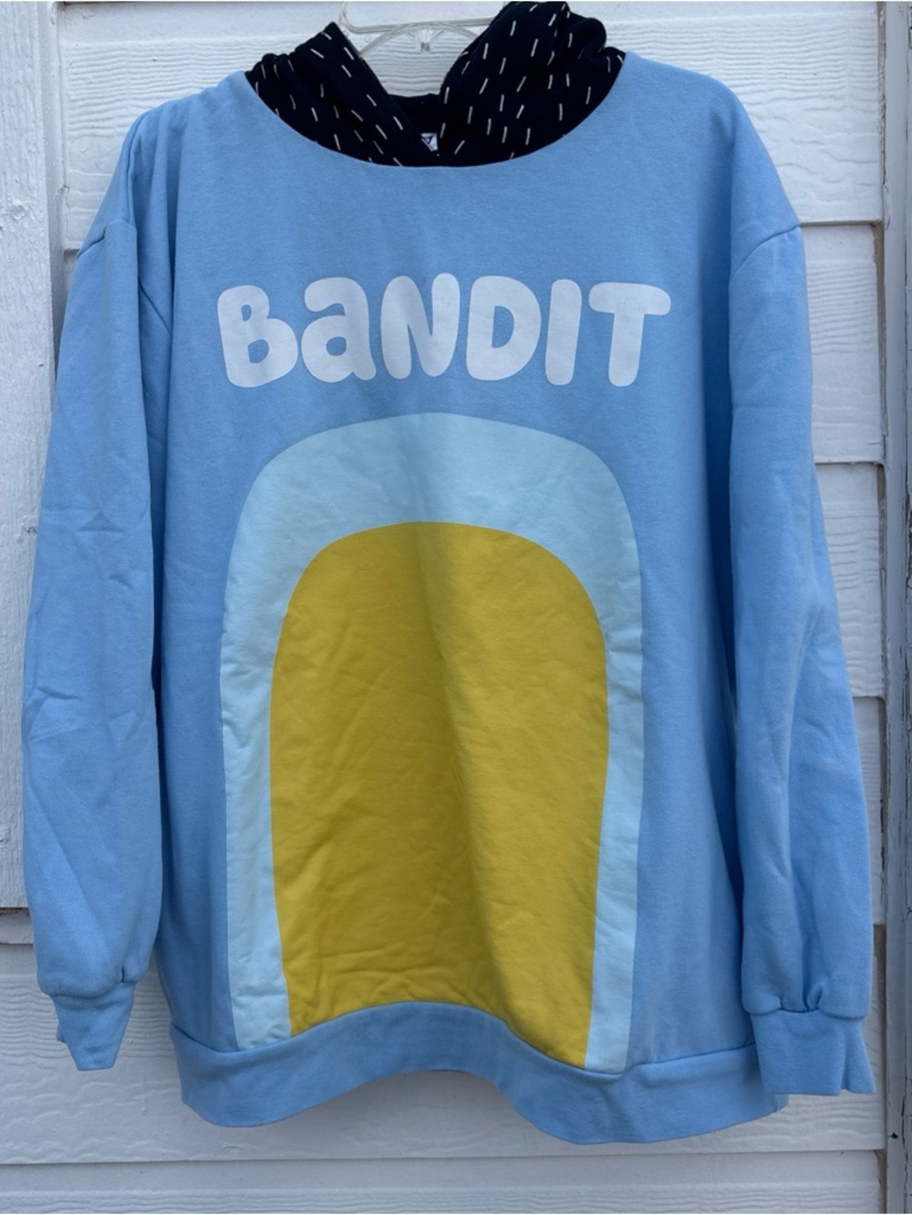 Bandit Light Blue Hoodie with Yellow Arch & Fun Character Hood Size XL Unisex
